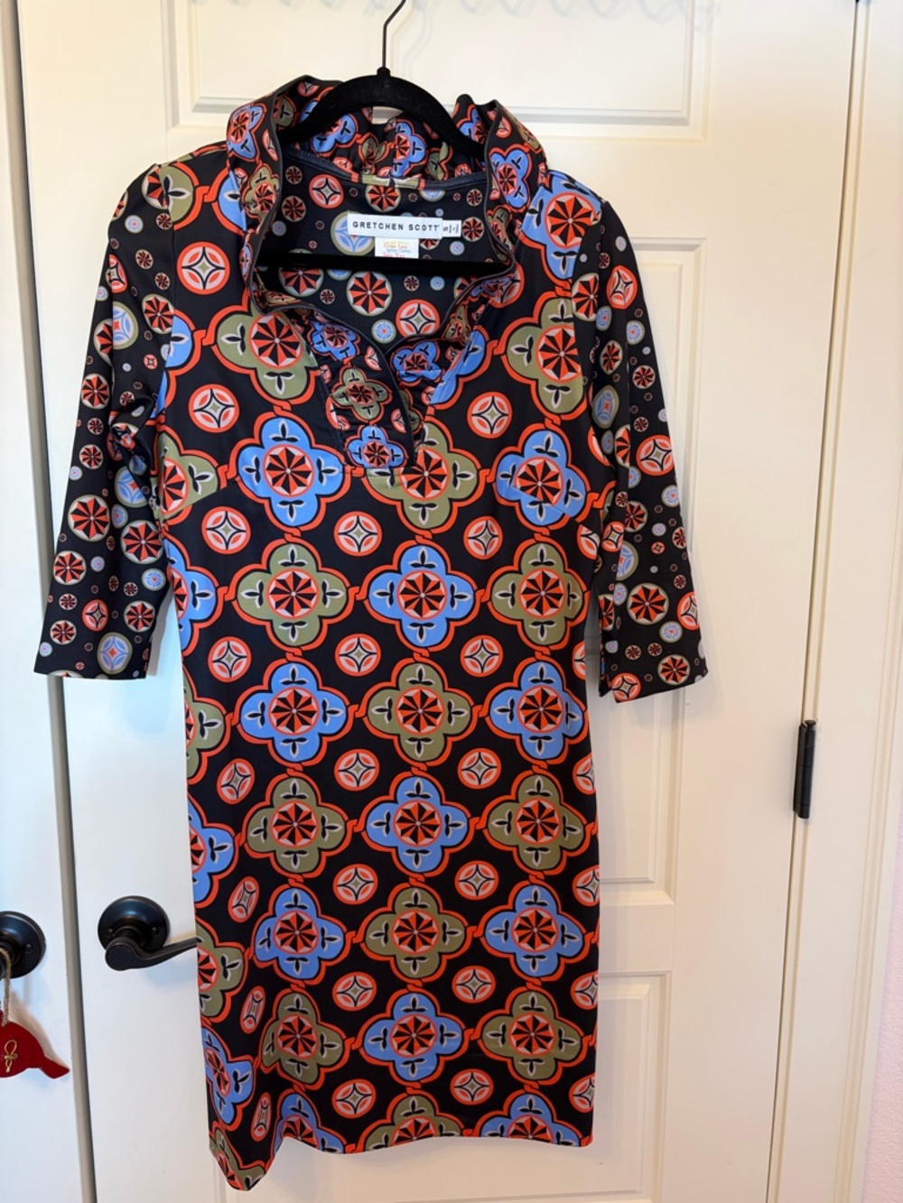 Gretchen Scott Designs Black Dress with Orange, Blue & Olive Geometric Print